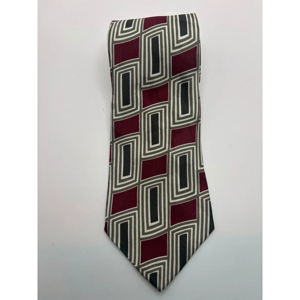 AXXA Mens Geometric Necktie Burgundy Grey Black Rectangular Pattern Silk Blend